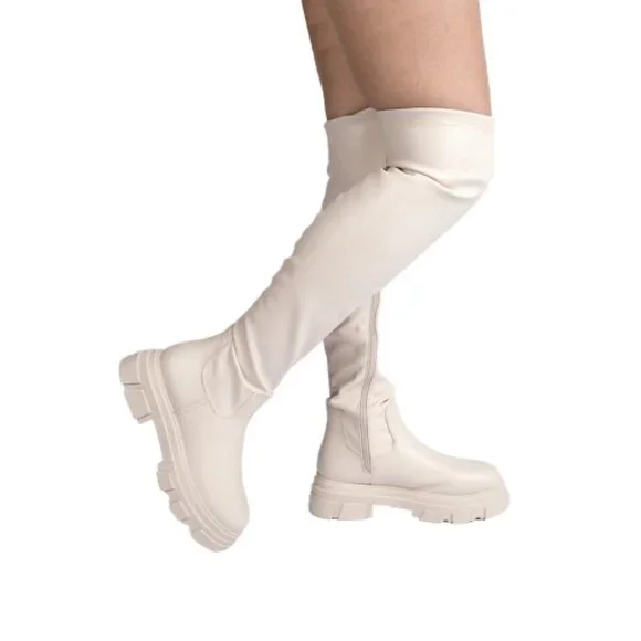 Diona j Shoes Qupid Women Lug Sole Over Knee Sock Boots Off
